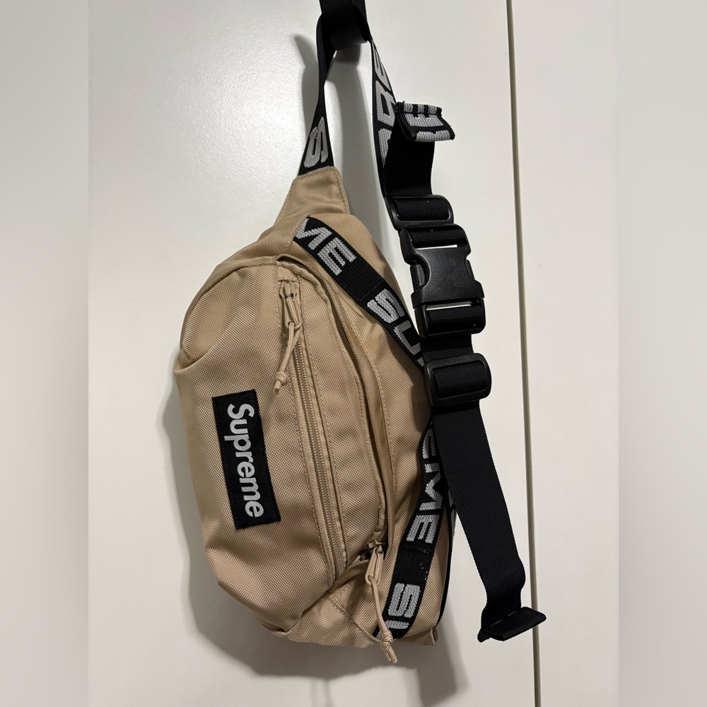 Supreme Beige and Black Logo Waist Sling Bag